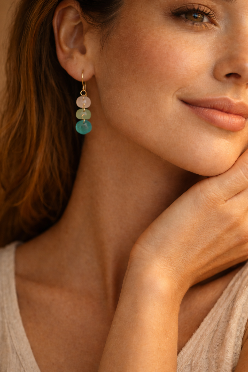 Artisan Triple Sea Glass Ombré Drop Earrings in 14k Gold