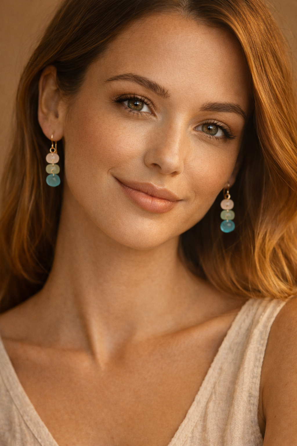 Artisan Triple Sea Glass Ombré Drop Earrings in 14k Gold
