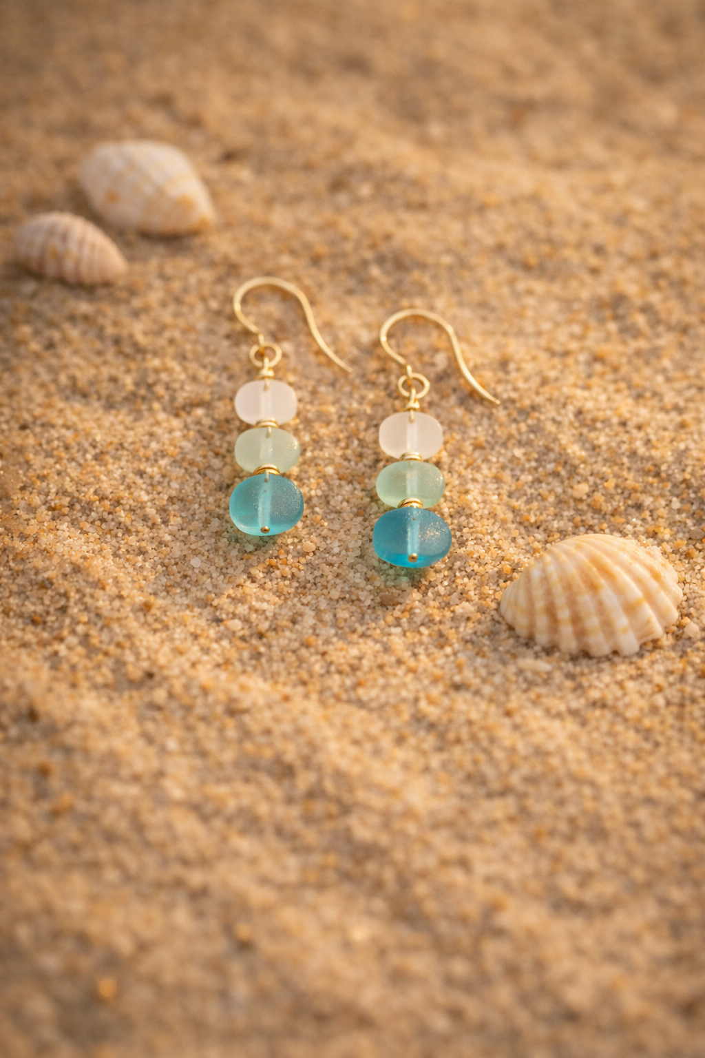 Artisan Triple Sea Glass Ombré Drop Earrings in 14k Gold