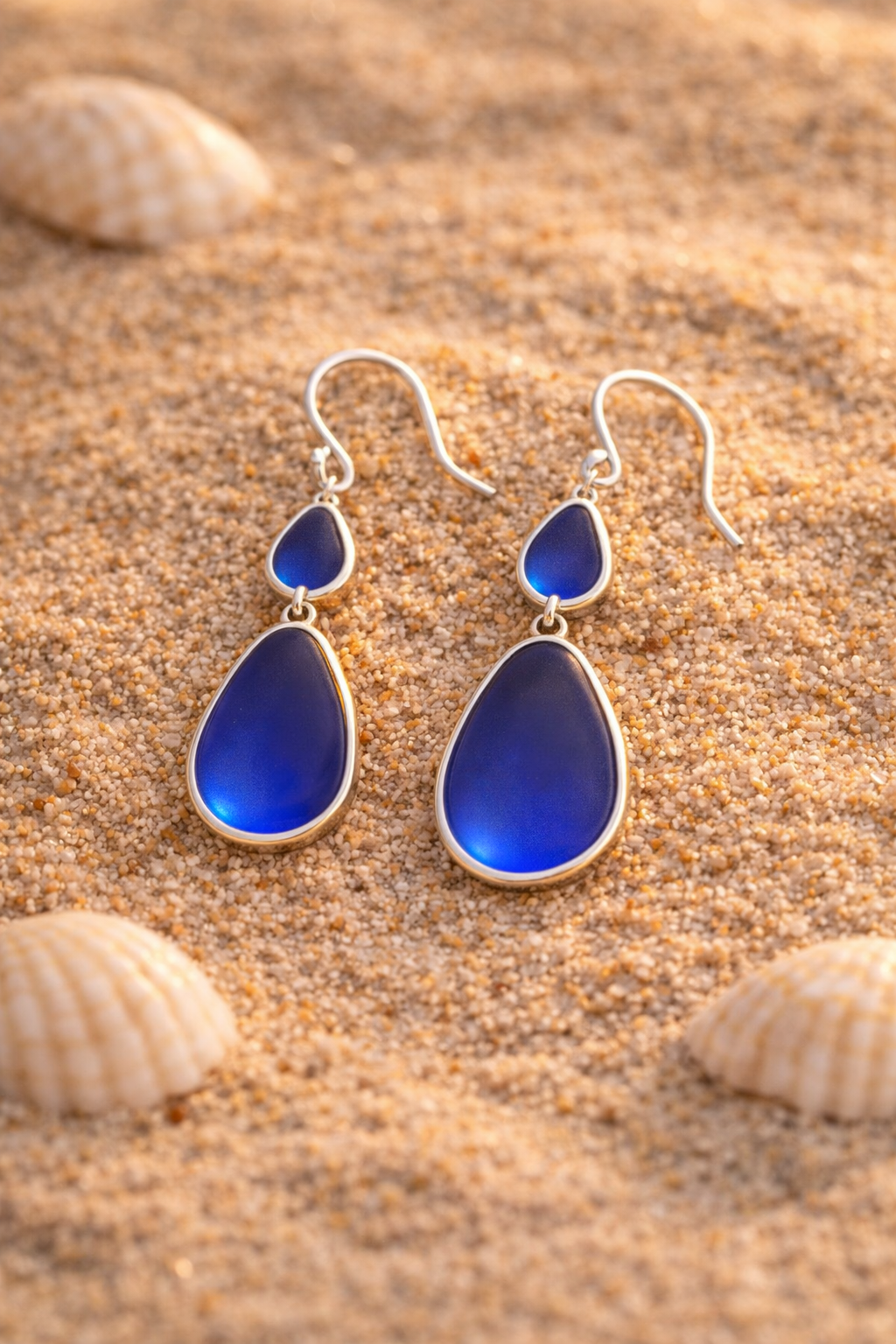 Deep Cobalt Sea Glass Drop Earrings in Sterling Silver