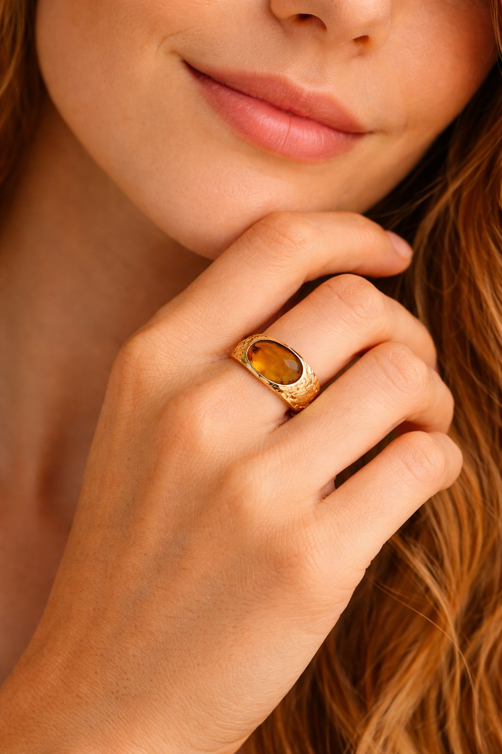 "Golden Sunset" Amber Sea Glass Statement Ring in Textured 14k Gold