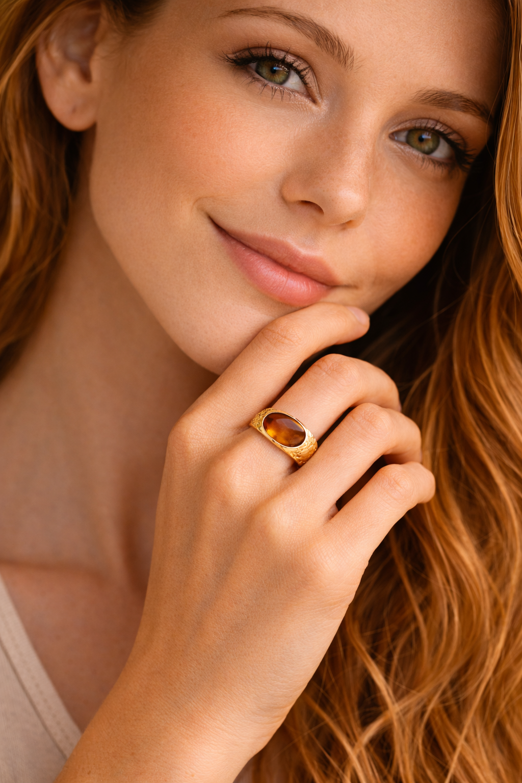 "Golden Sunset" Amber Sea Glass Statement Ring in Textured 14k Gold