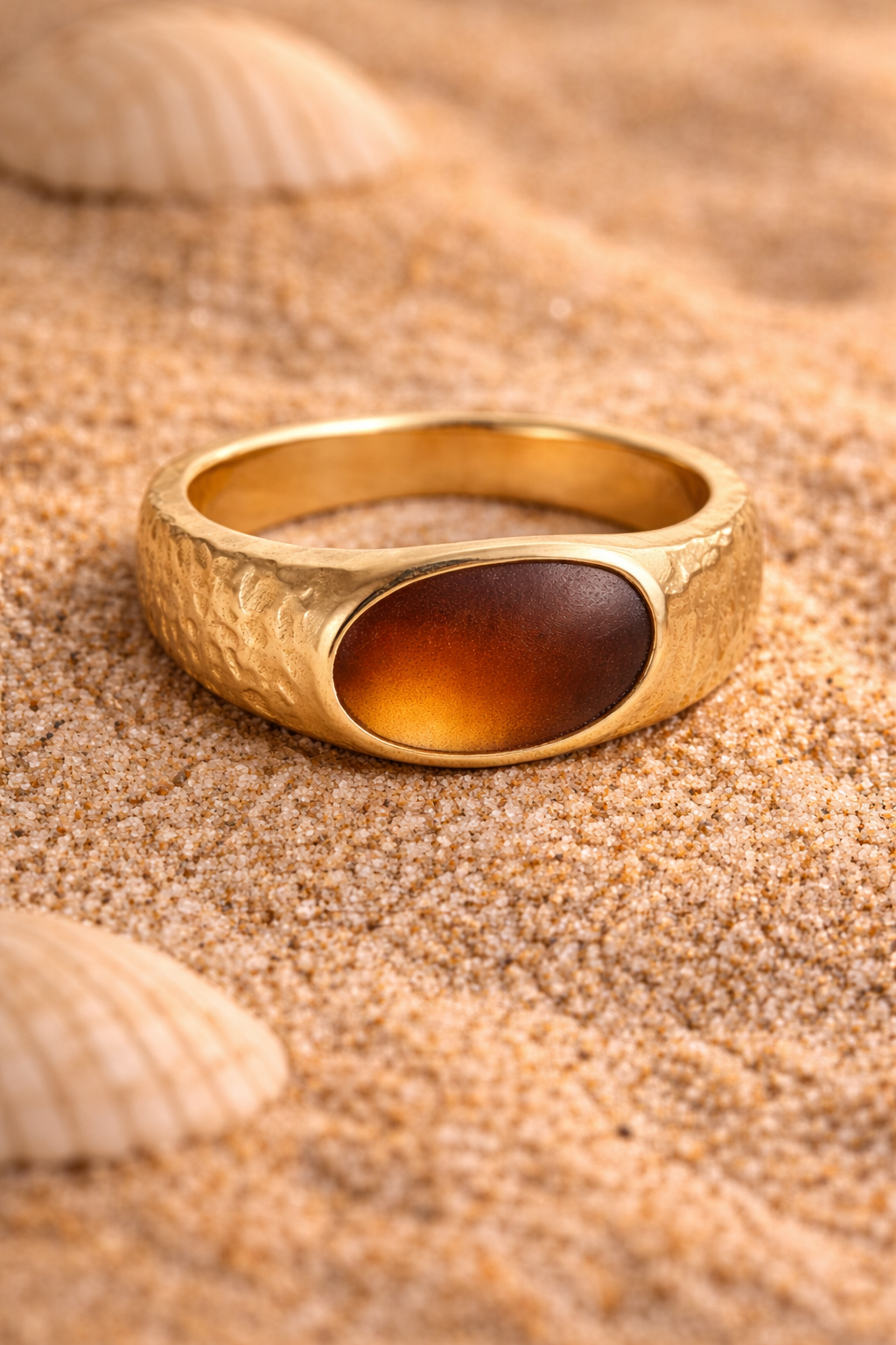 "Golden Sunset" Amber Sea Glass Statement Ring in Textured 14k Gold