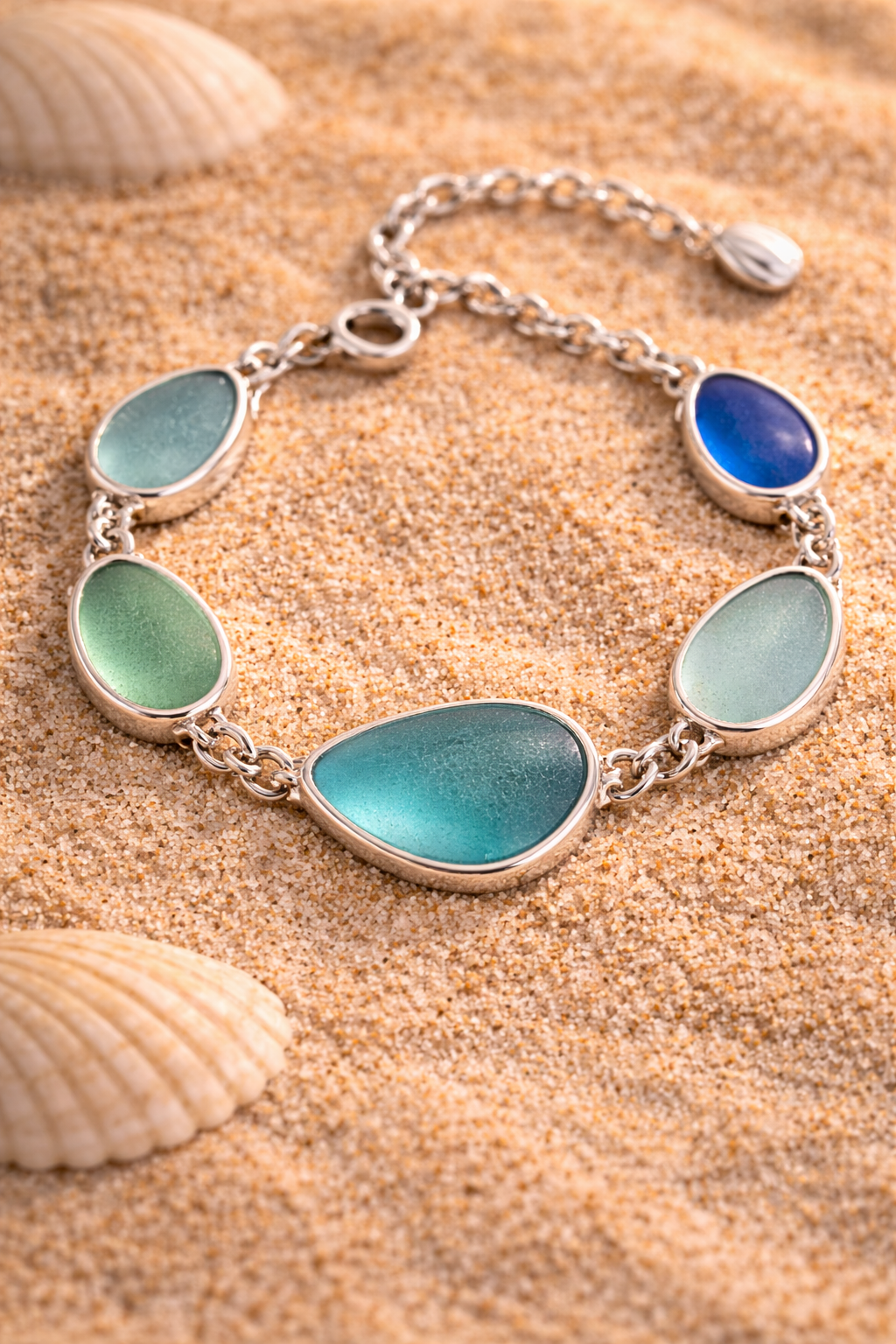 "Ocean Mosaic" Multi-Color Sea Glass Bracelet in Sterling Silver with Rare Cobalt Accent