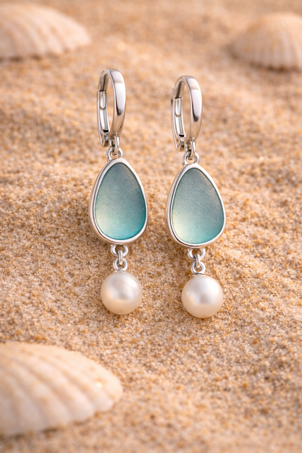 "Azure Tide" Sterling Silver Drop Earrings with Frosted Sea Glass & Cultured Pearls