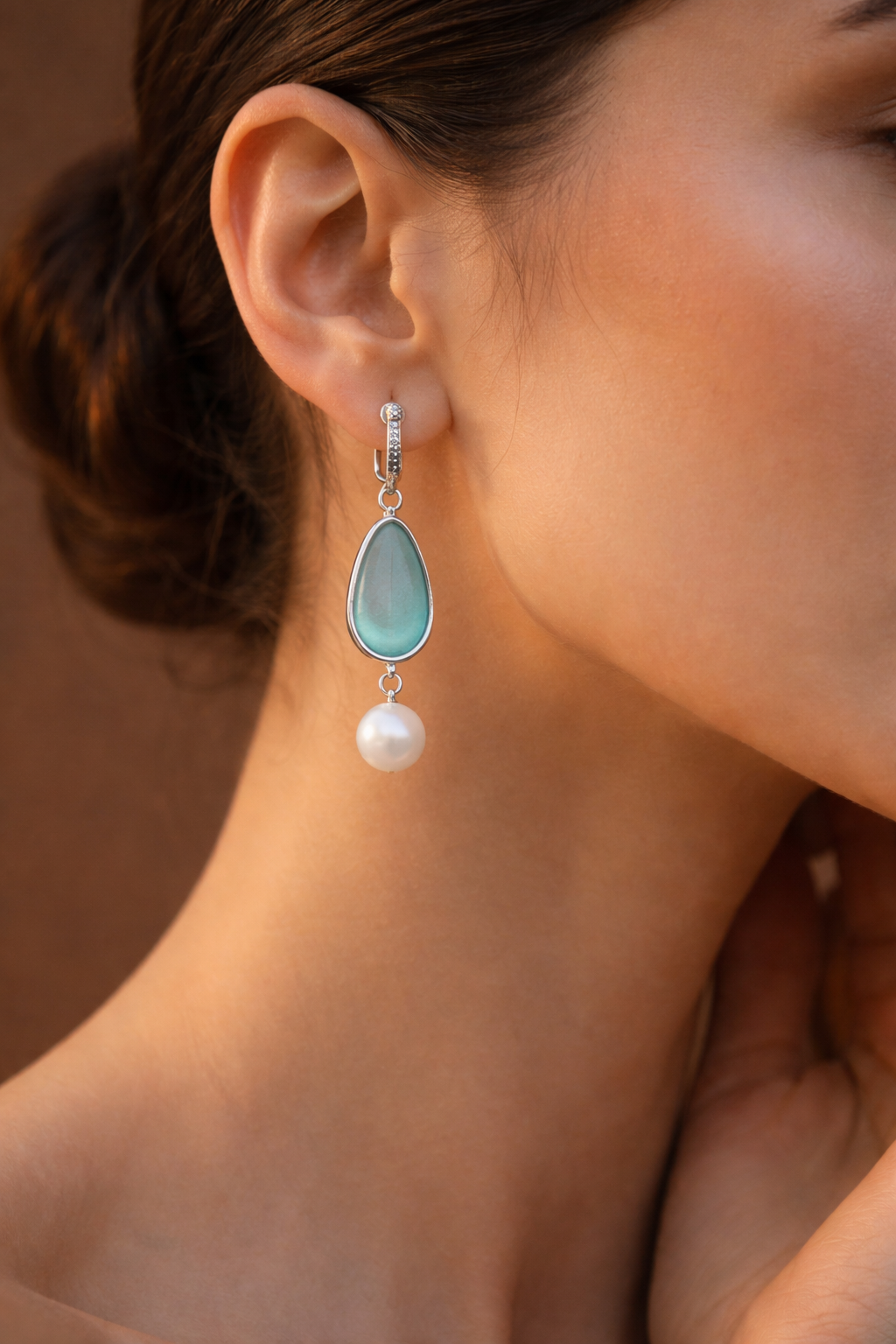 "Azure Tide" Sterling Silver Drop Earrings with Frosted Sea Glass & Cultured Pearls