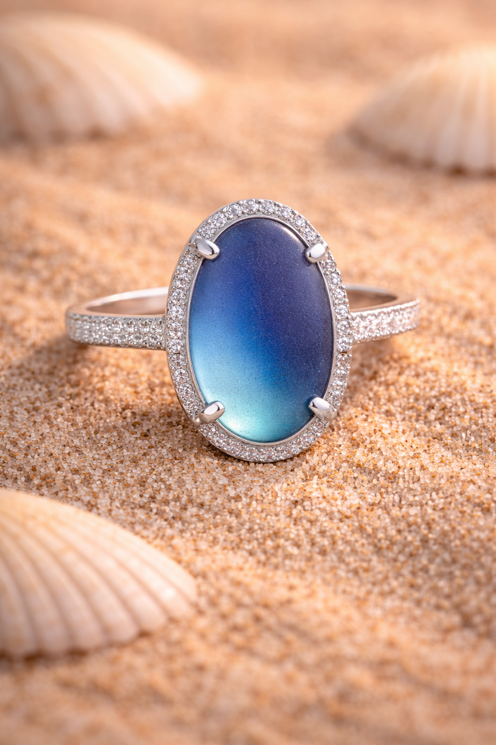 "Midnight Tide" 14k White Gold Statement Ring with Rare Cobalt Sea Glass & Cubic Zirconia Halo