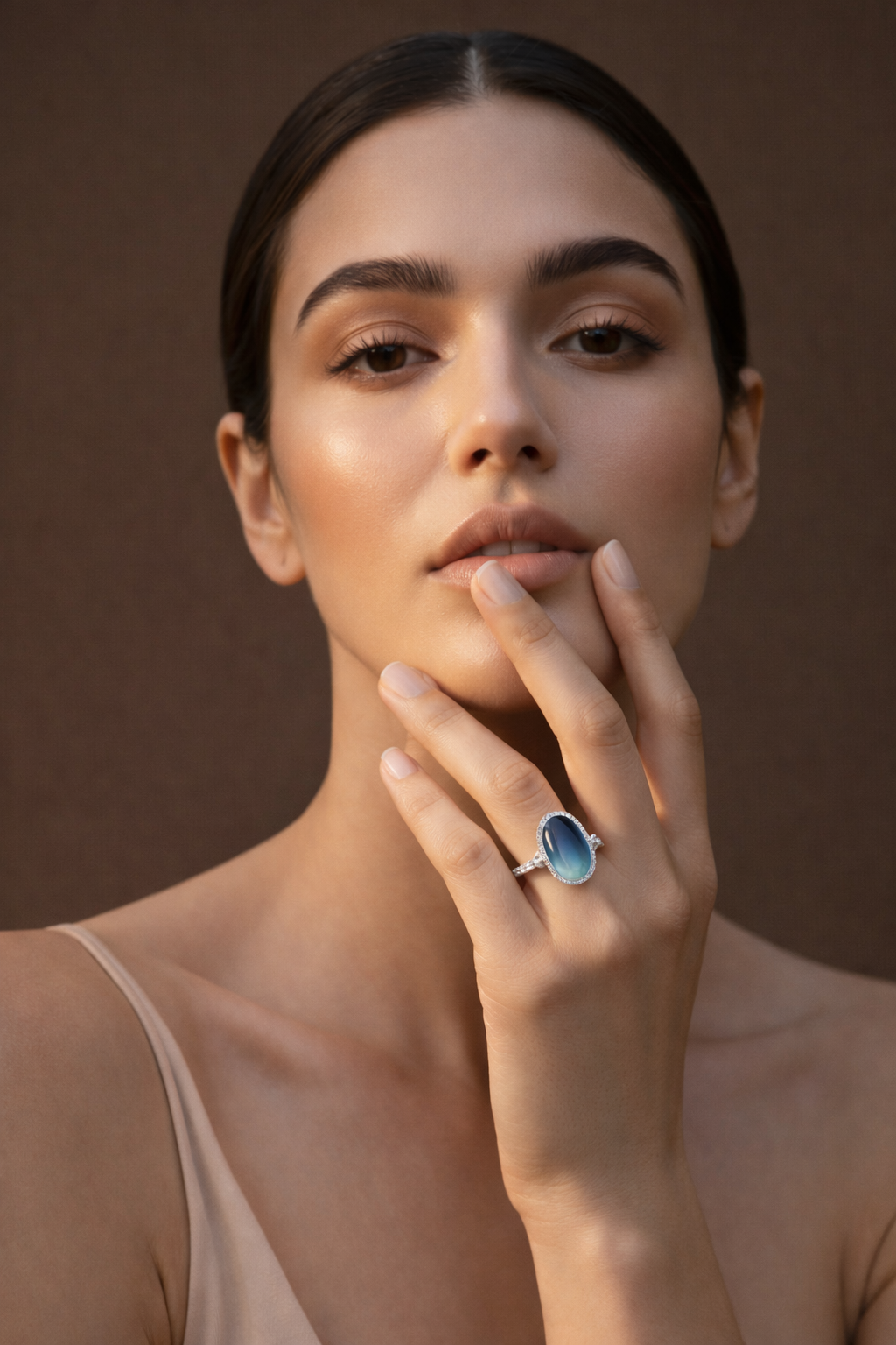 "Midnight Tide" 14k White Gold Statement Ring with Rare Cobalt Sea Glass & Cubic Zirconia Halo