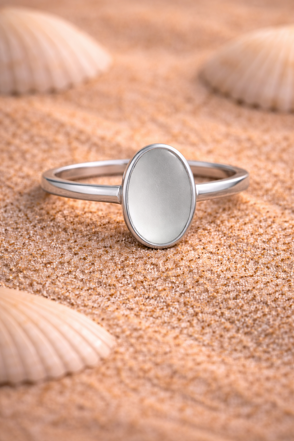 "Lunar Ripple" Minimalist Sterling Silver Ring with Frosted White Sea Glass