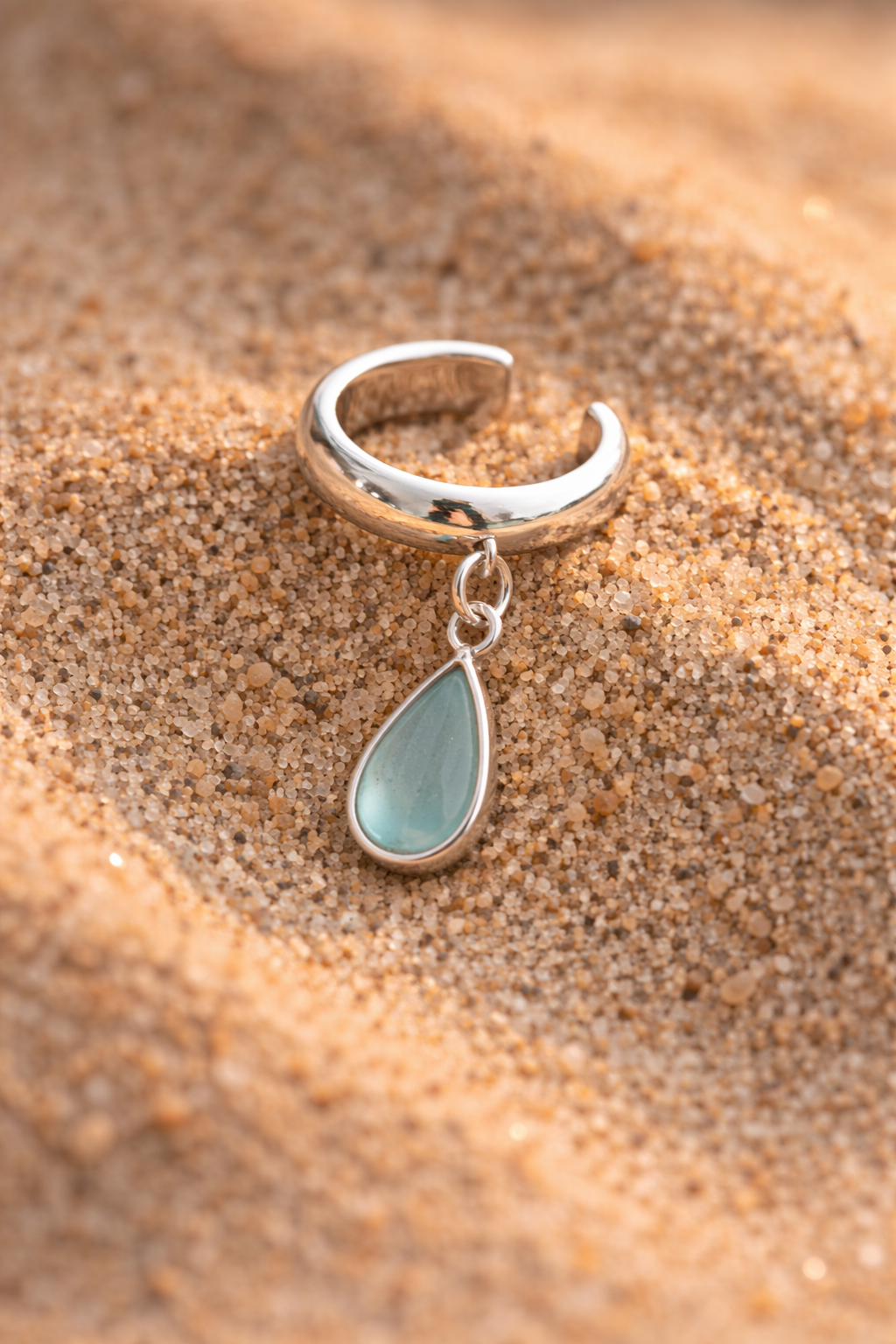 "Sea Drop" Sterling Silver Ear Cuff with Frosted Aqua Sea Glass
