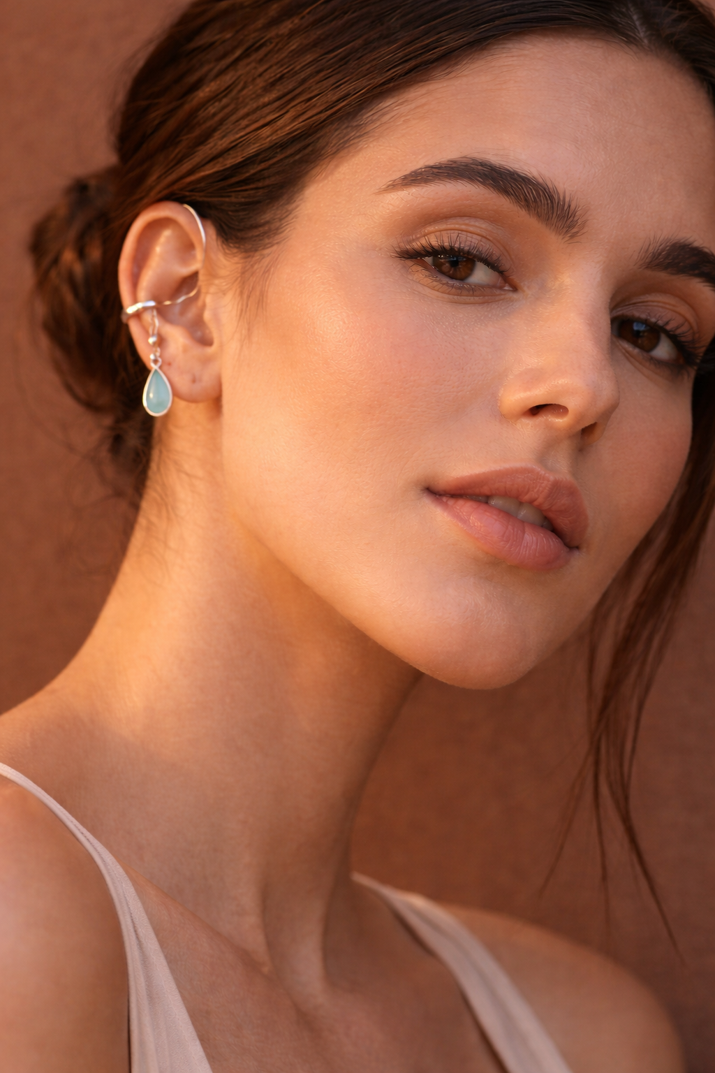 "Sea Drop" Sterling Silver Ear Cuff with Frosted Aqua Sea Glass