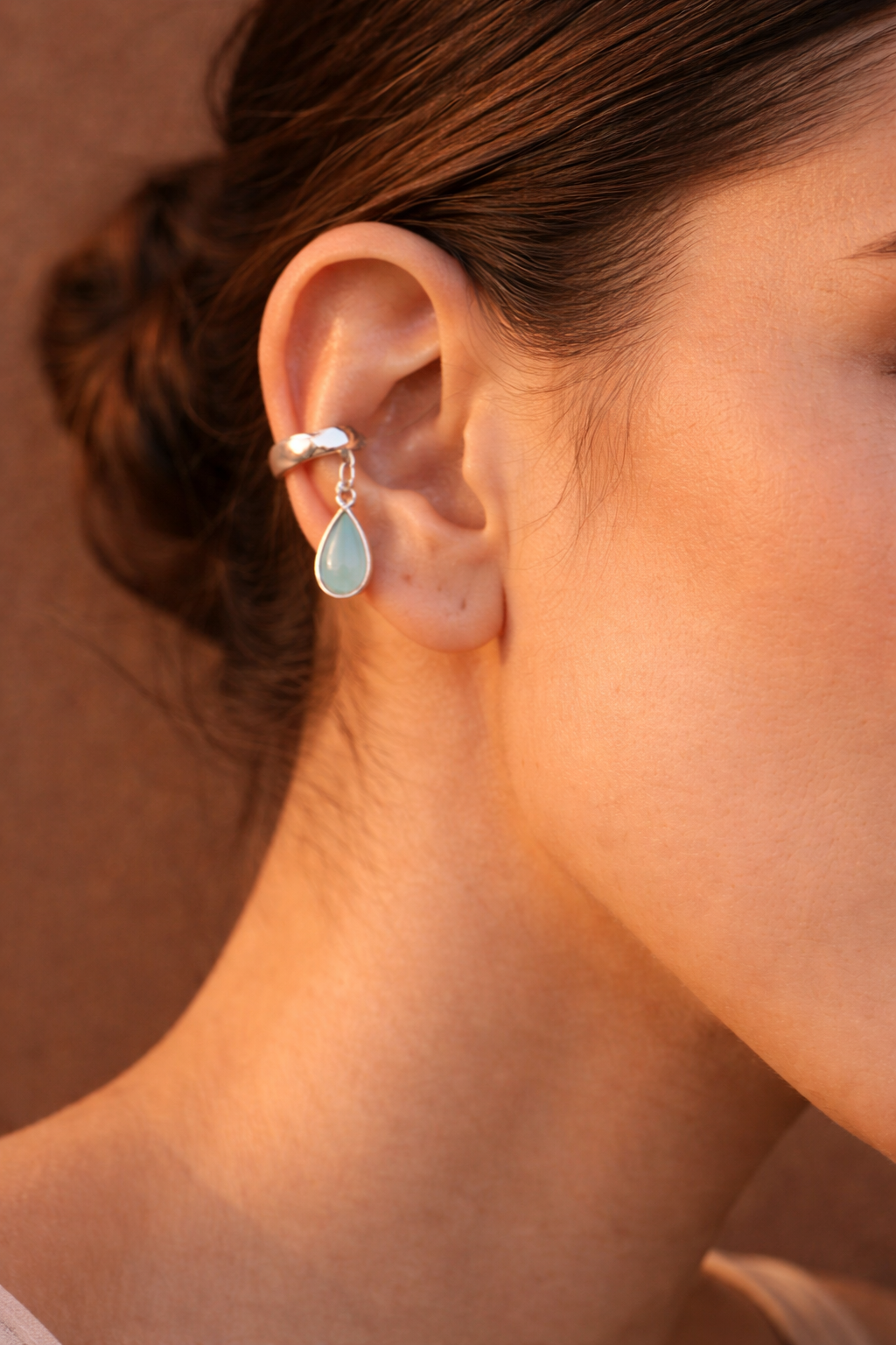 "Sea Drop" Sterling Silver Ear Cuff with Frosted Aqua Sea Glass