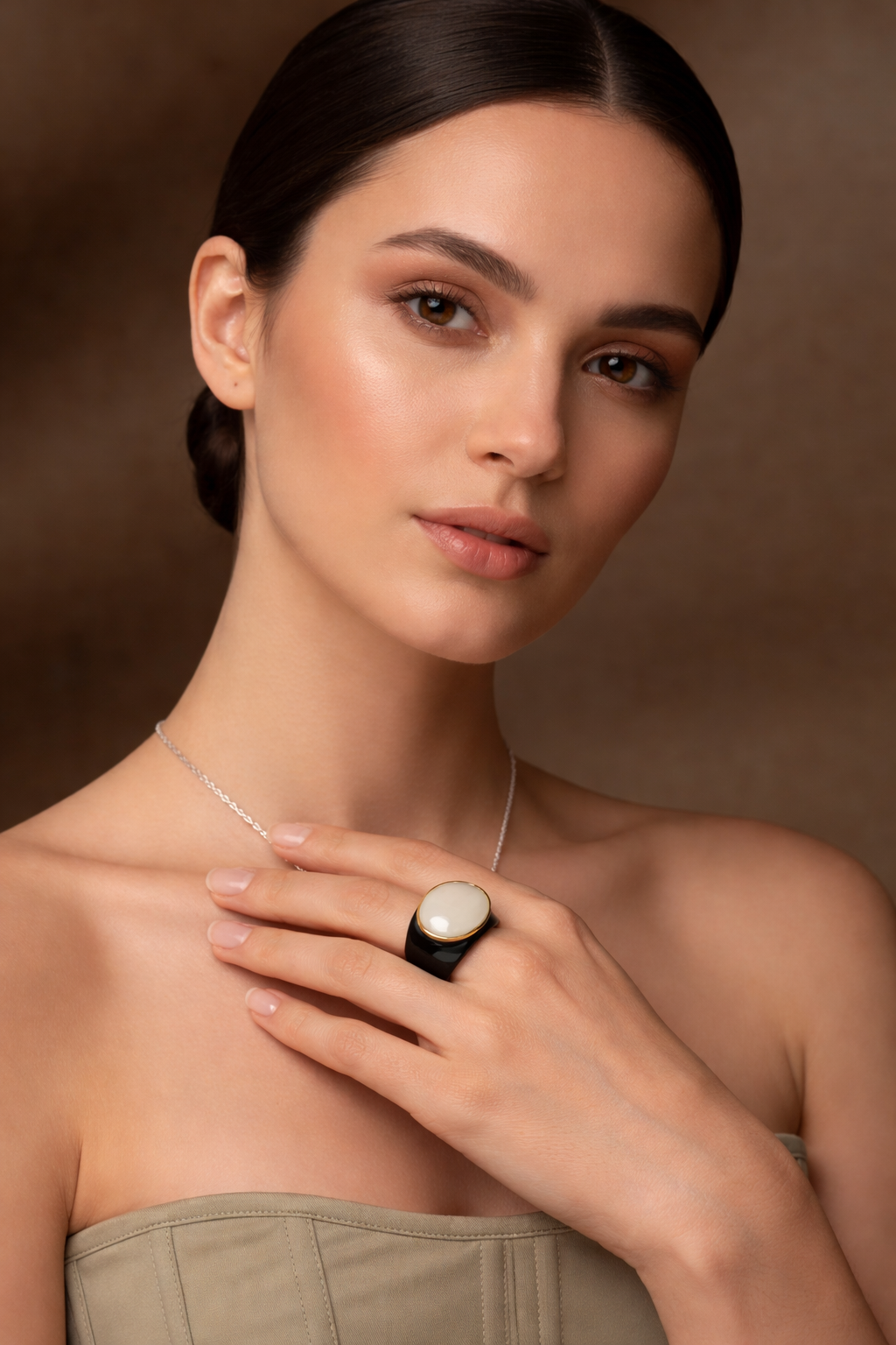 "Obsidian Moon" Statement Ring: Hand-Carved Onyx with Frosted Sea Glass & 14k Gold Accent