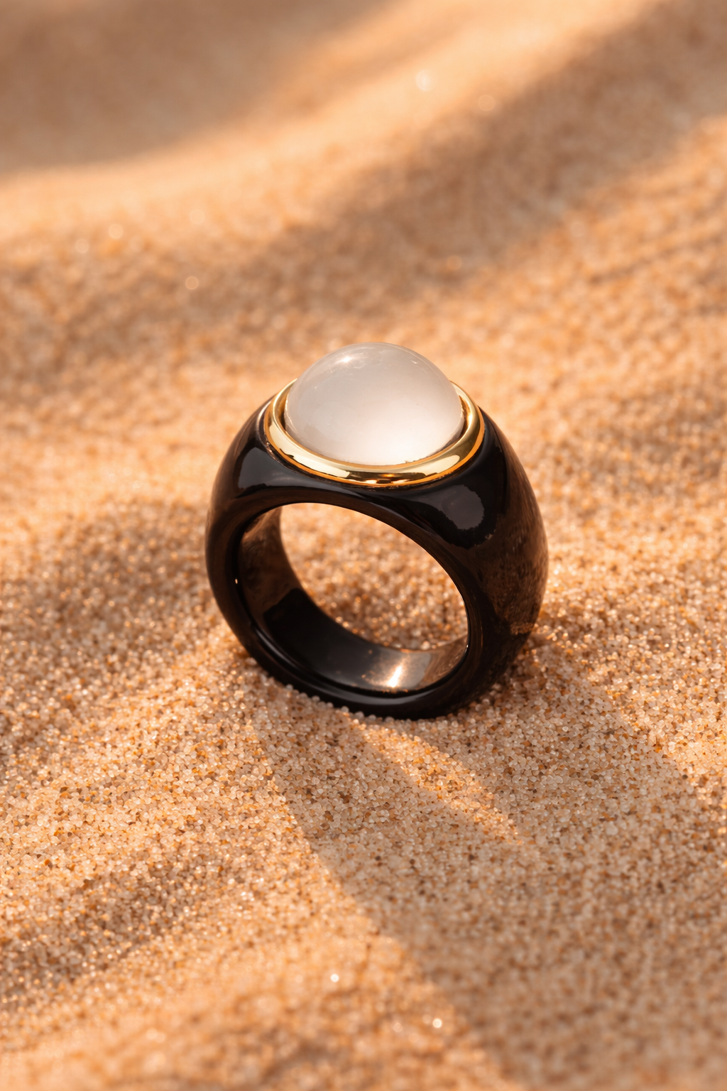 "Obsidian Moon" Statement Ring: Hand-Carved Onyx with Frosted Sea Glass & 14k Gold Accent