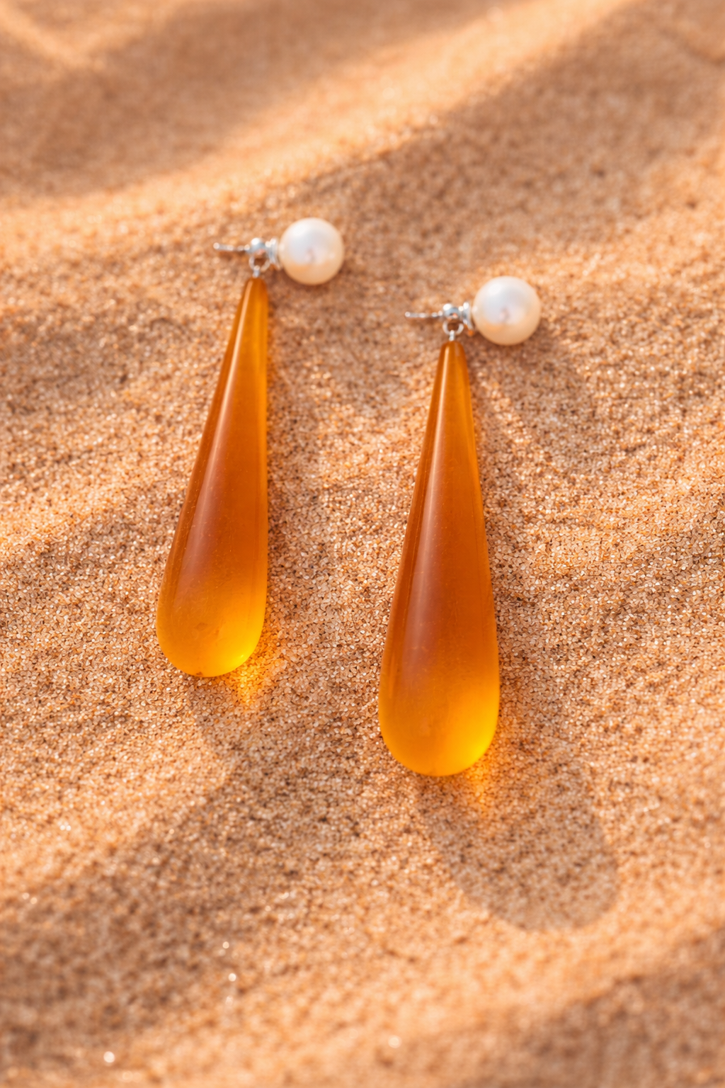 "Golden Hour" 14k Gold-Finished Drop Earrings with Rare Amber Sea Glass & Luminous Pearls