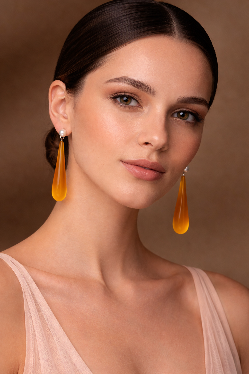 "Golden Hour" 14k Gold-Finished Drop Earrings with Rare Amber Sea Glass & Luminous Pearls