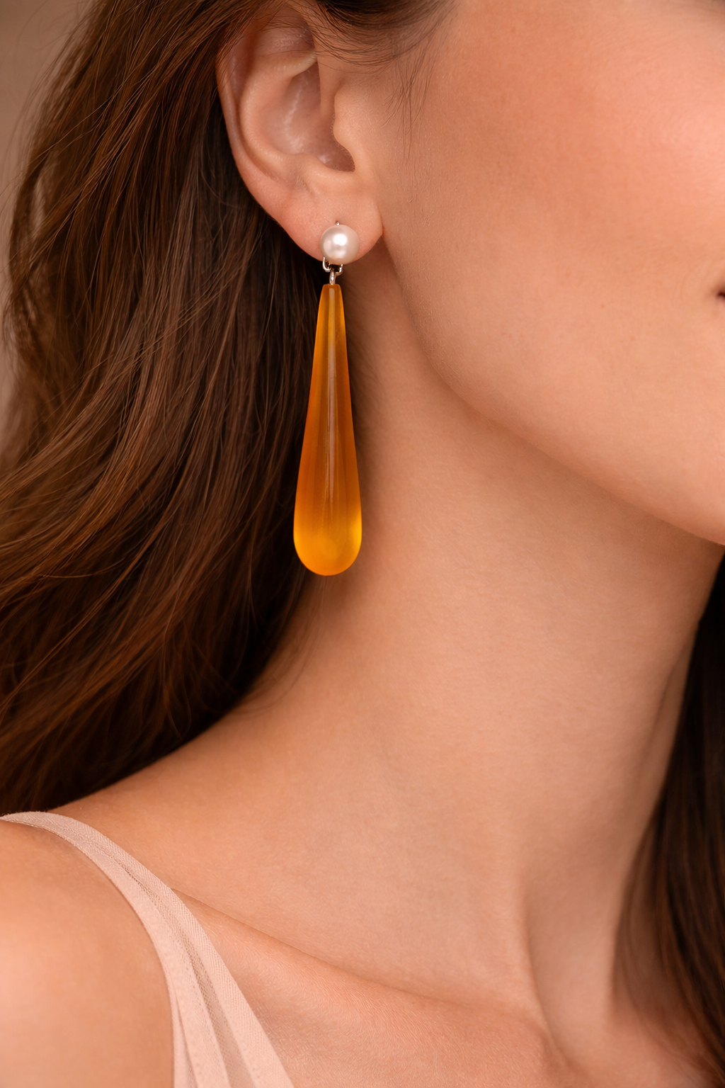 "Golden Hour" 14k Gold-Finished Drop Earrings with Rare Amber Sea Glass & Luminous Pearls