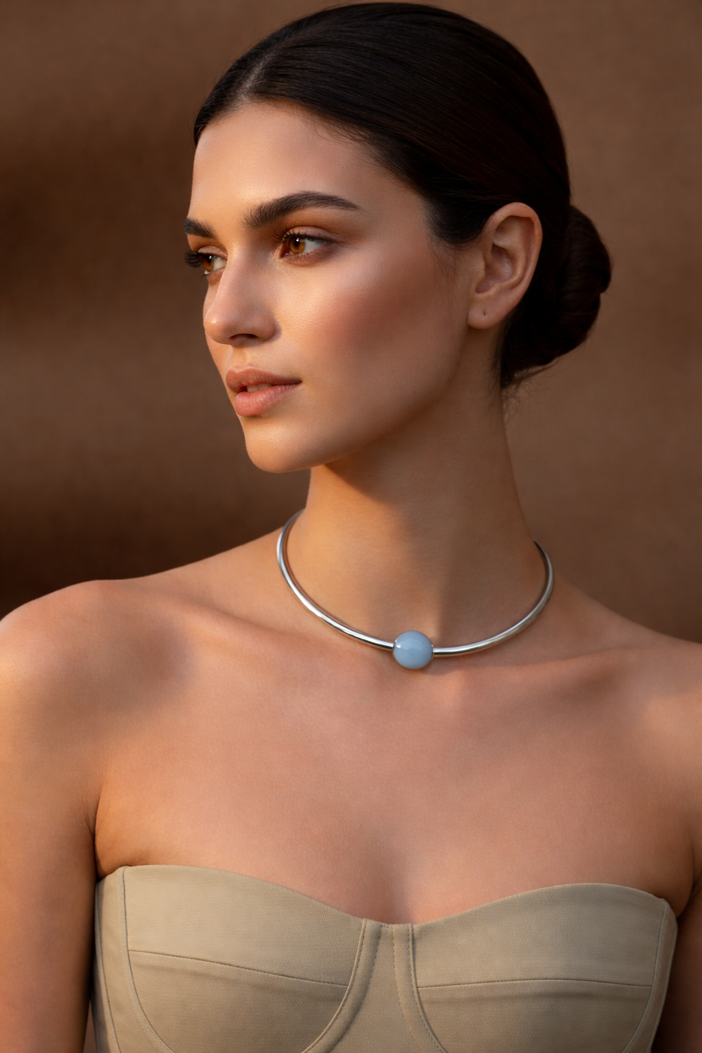 "Azure Horizon" Sculptural Sterling Silver Collar with Frosted Blue Sea Glass Orb