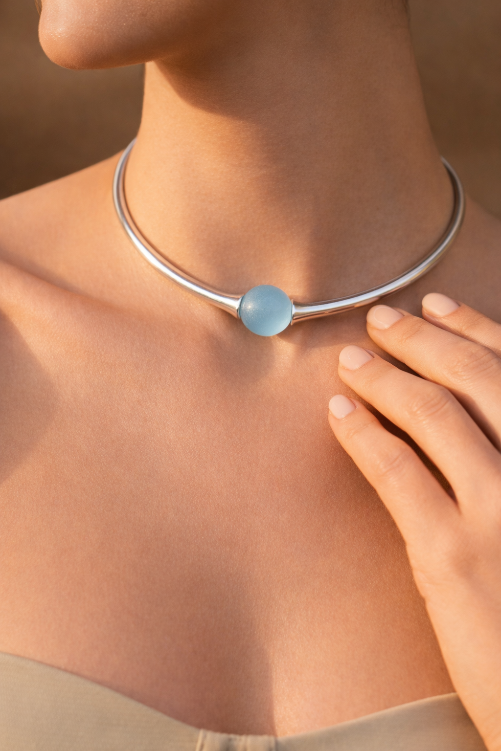 "Azure Horizon" Sculptural Sterling Silver Collar with Frosted Blue Sea Glass Orb