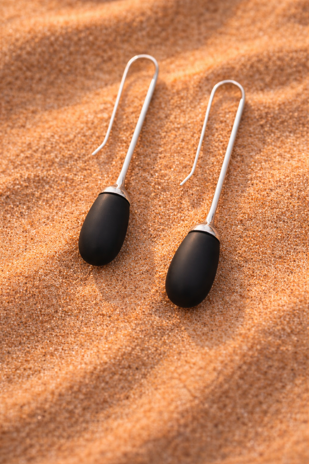 "Night Tide" Sterling Silver Drop Earrings with Hand-Finished Black Sea Glass