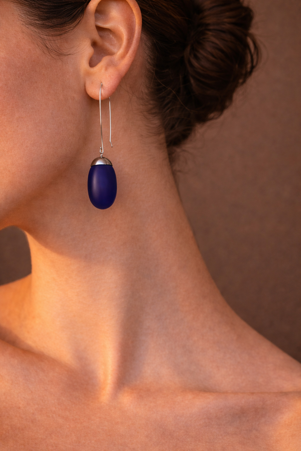 "Midnight Tide" Sculptural Sterling Silver Drop Earrings with Frosted Cobalt Sea Glass