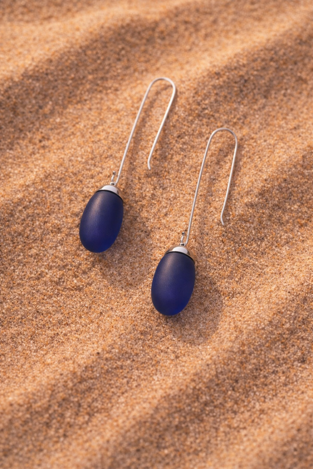 "Midnight Tide" Sculptural Sterling Silver Drop Earrings with Frosted Cobalt Sea Glass