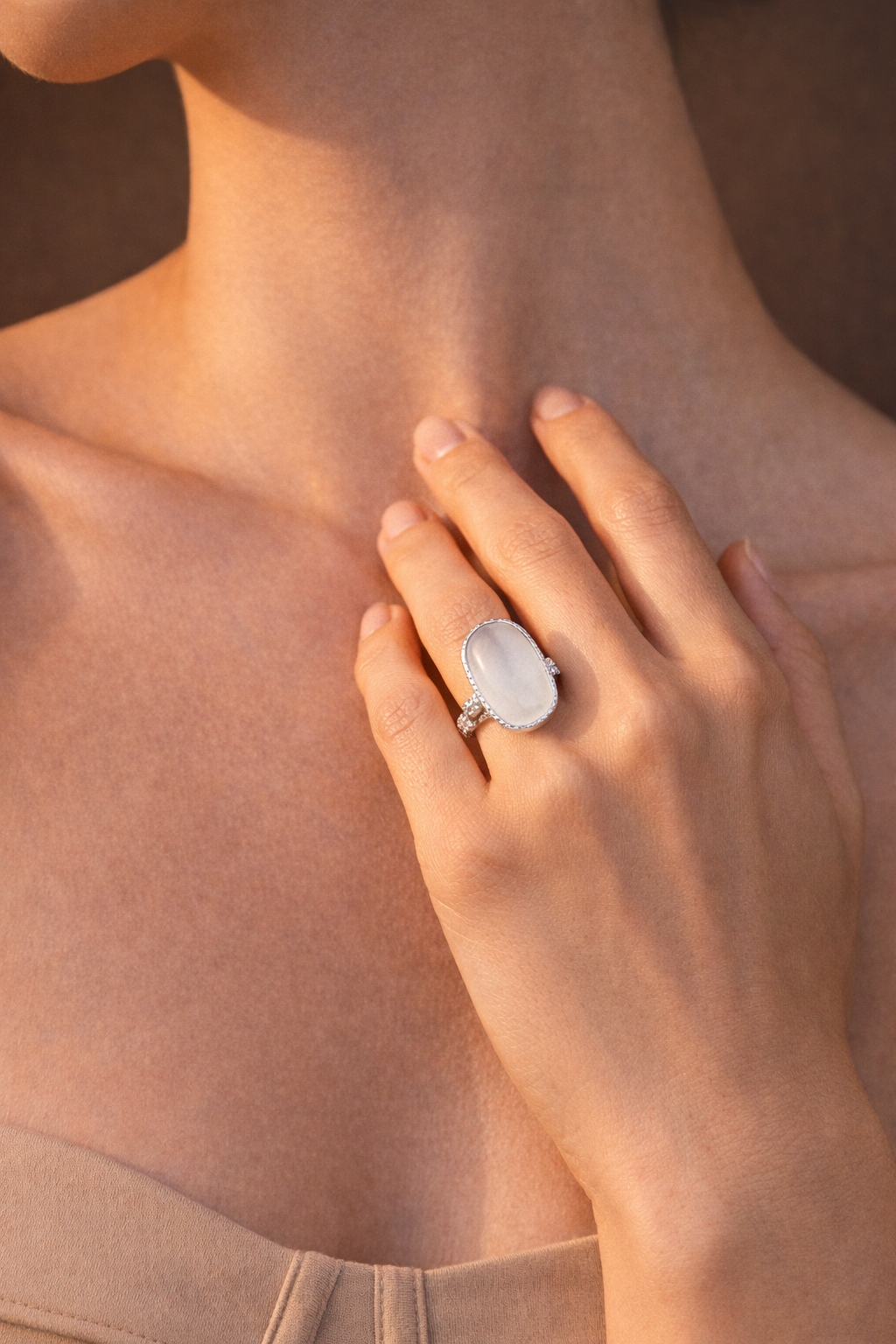 "Lunar Tide" Minimalist Sterling Silver Ring with Frosted White Sea Glass