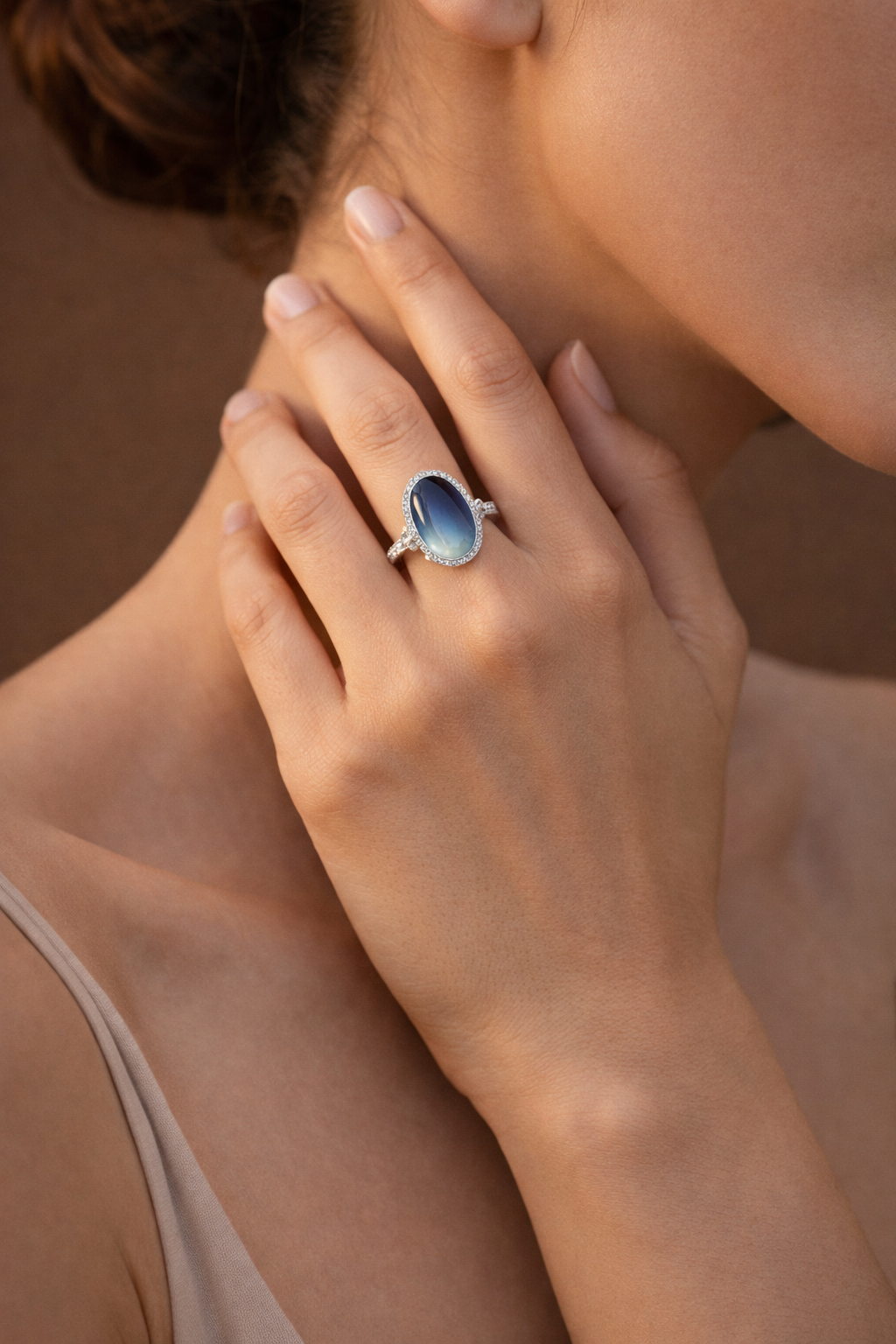 "Midnight Tide" 14k White Gold Statement Ring with Rare Cobalt Sea Glass & Cubic Zirconia Halo