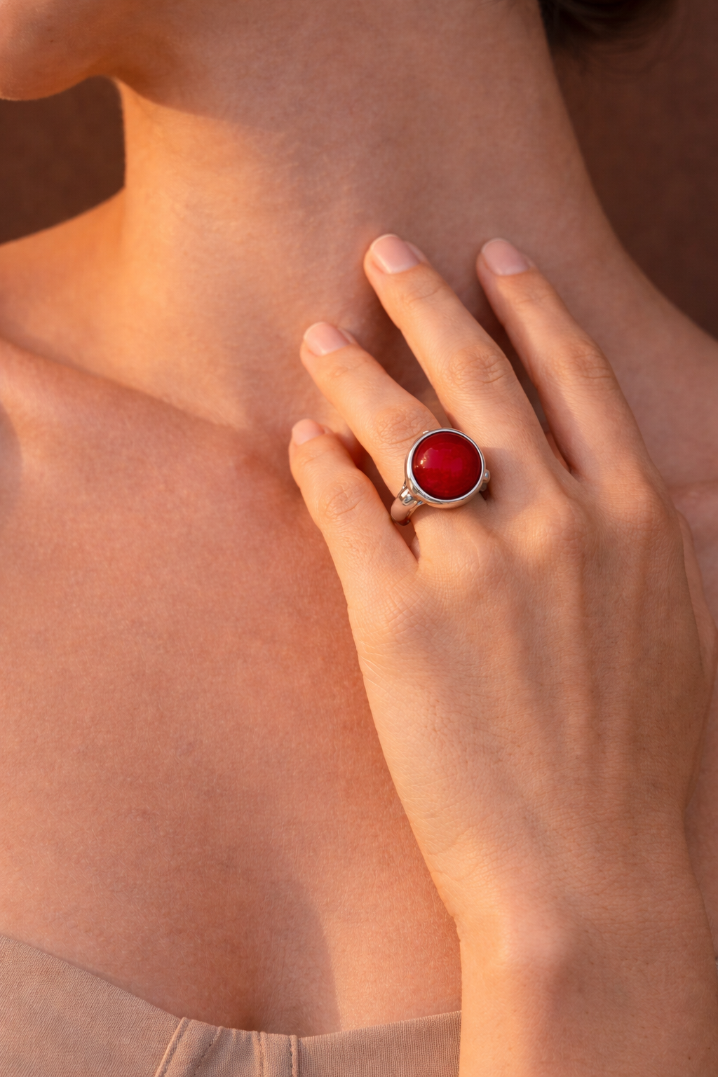 "Crimson Current" Sculptural Sterling Silver Ring with Rare Red Sea Glass