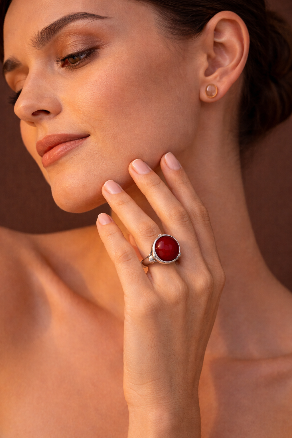 "Crimson Current" Sculptural Sterling Silver Ring with Rare Red Sea Glass