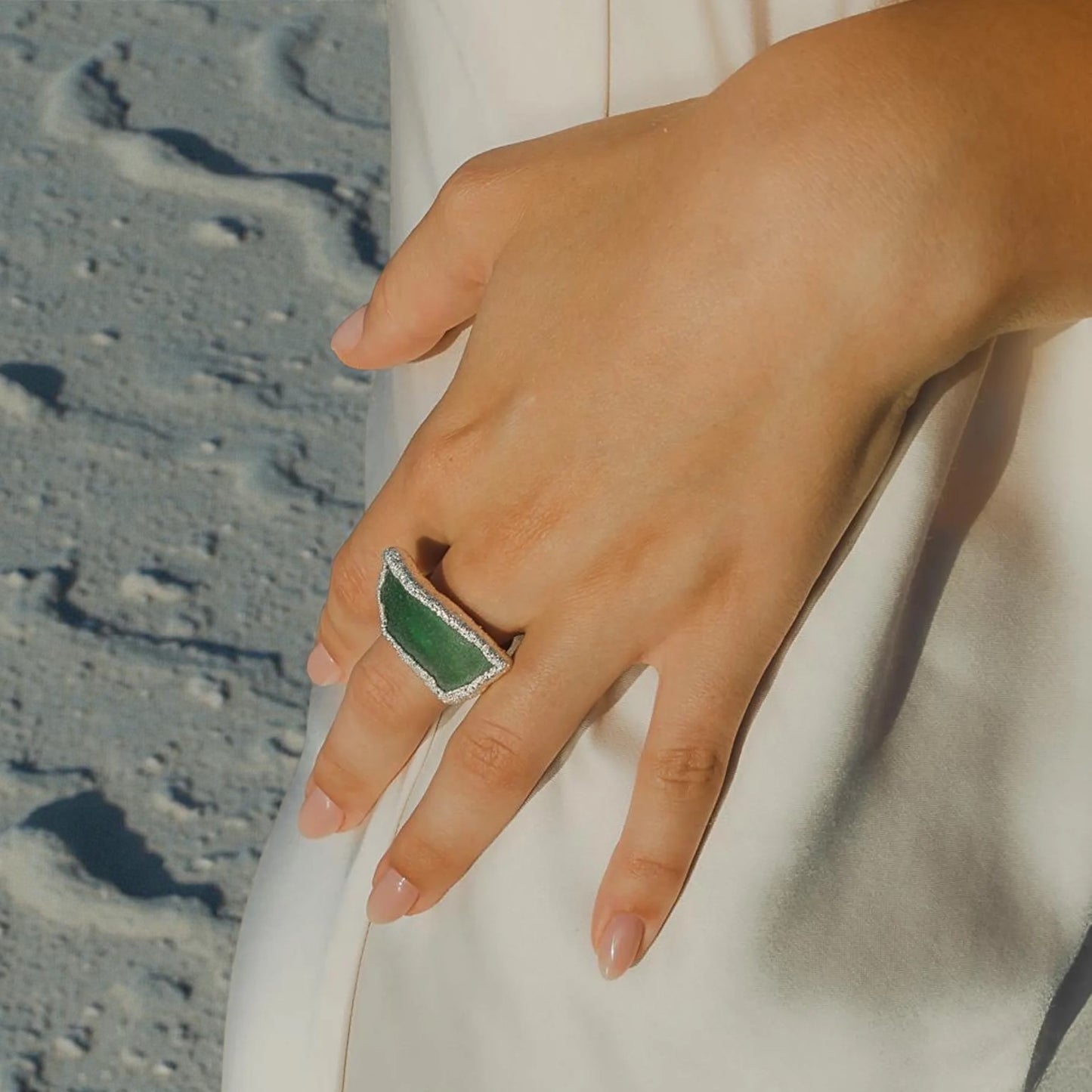 Sculptural Minimalist Adjustable Sea Glass Ring in Solid Sterling Silver