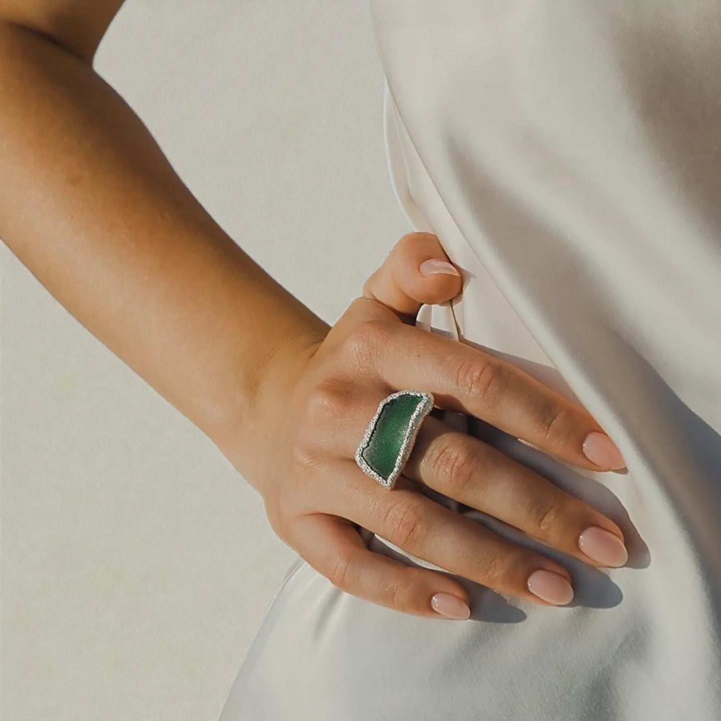 Sculptural Minimalist Adjustable Sea Glass Ring in Solid Sterling Silver
