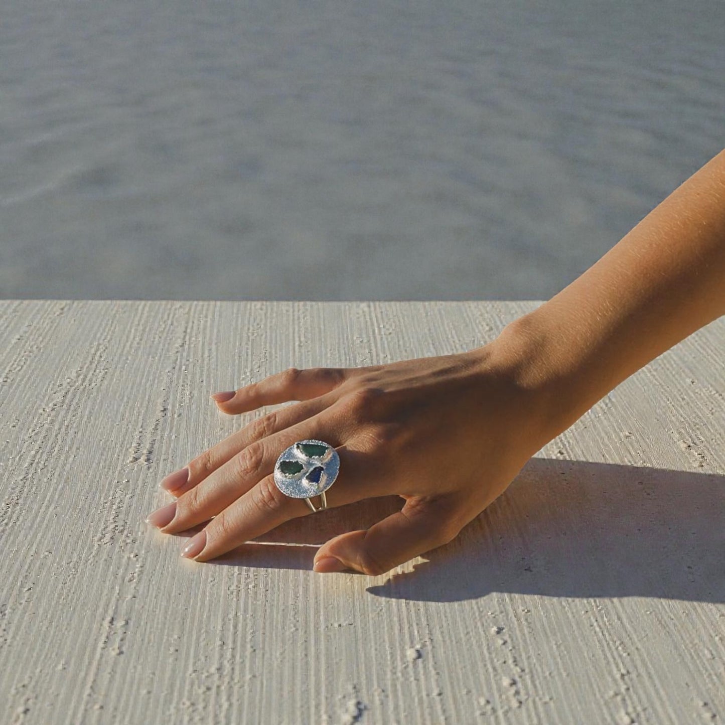 Bold Organic Sea Glass Ring in Textured Sterling Silver
