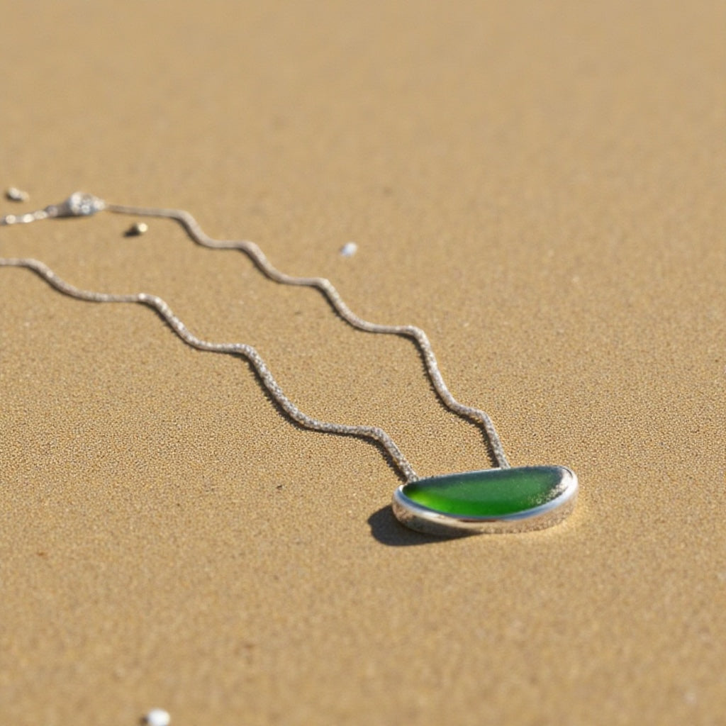 Sculptural Emerald Sea Glass Pendant in Solid Sterling Silver