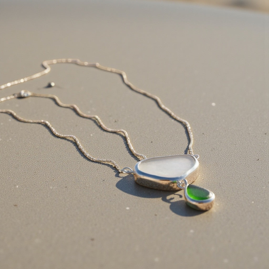 Sculptural Sea Glass Pendant in Hand-Finished Sterling Silver