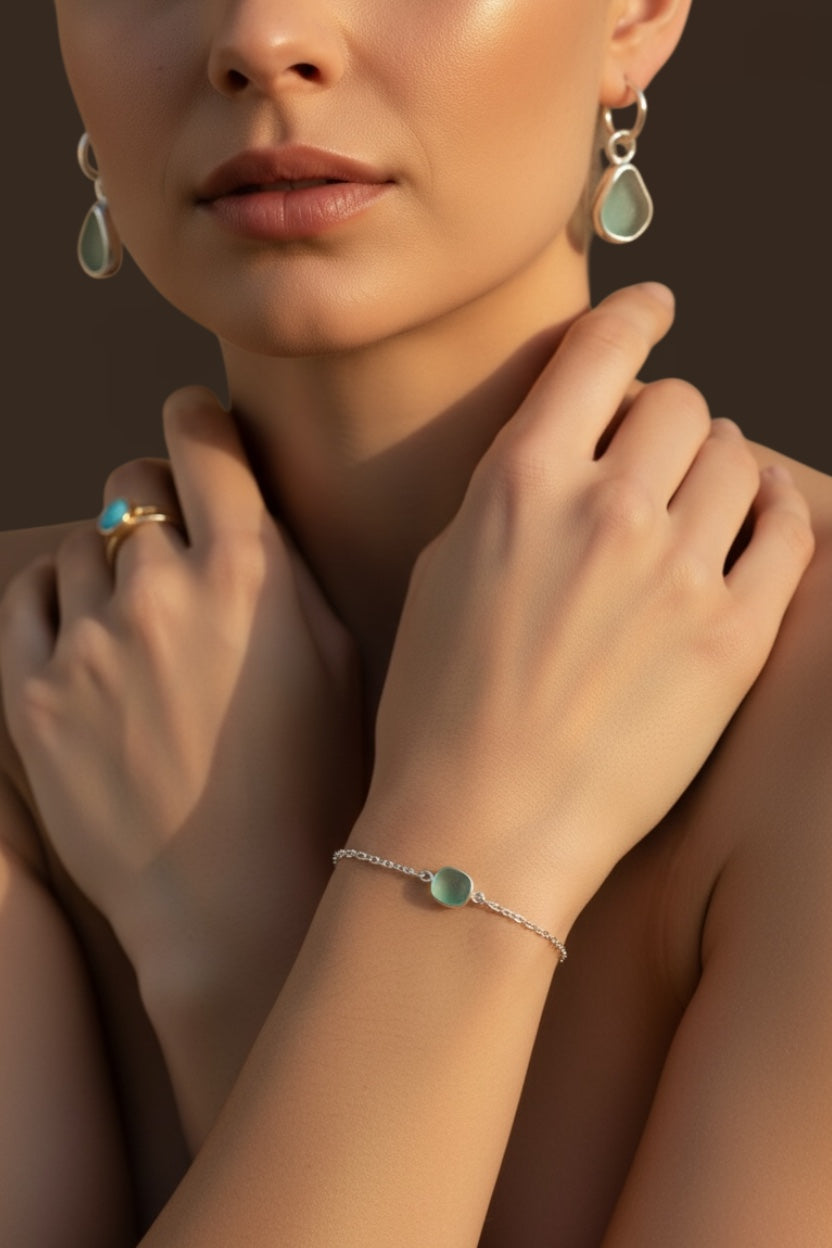 Sculptural Sea Glass Bracelet in Hand-Finished Sterling Silver