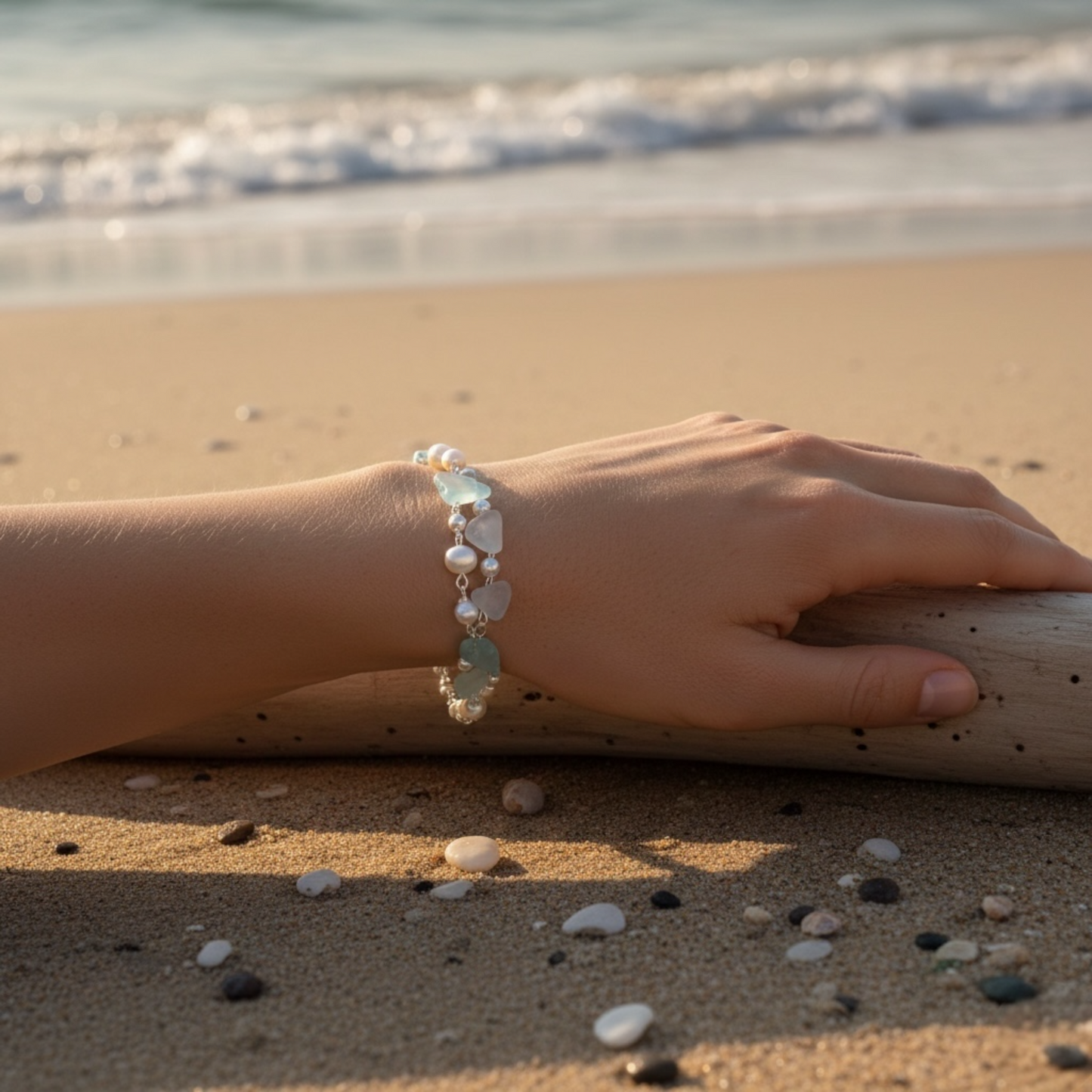 "Ocean’s Embrace" Sea Glass & Cultured Pearl Bracelet in 14k White Gold