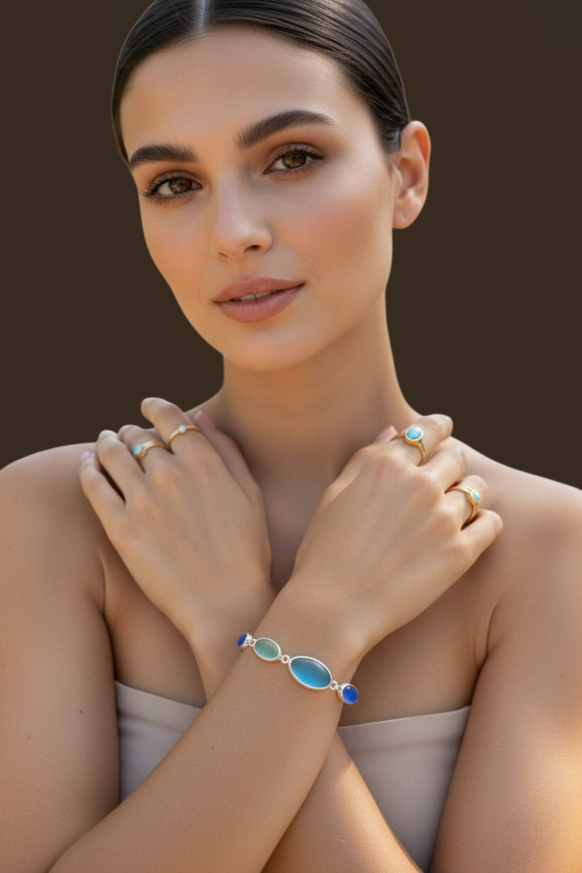 "Ocean Mosaic" Multi-Color Sea Glass Bracelet in Sterling Silver with Rare Cobalt Accent