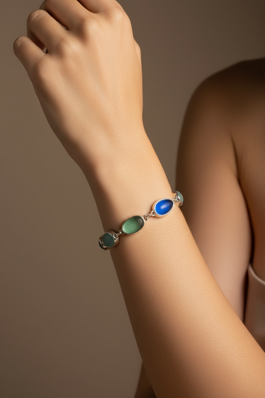 "Ocean Mosaic" Multi-Color Sea Glass Bracelet in Sterling Silver with Rare Cobalt Accent