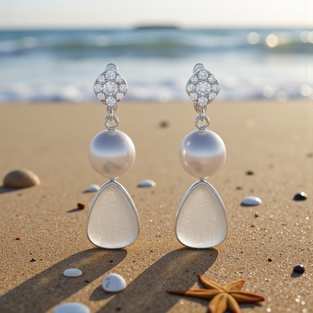 "Sea Mist" 14k White Gold Drop Earrings with Frosted Sea Glass, Pearls & Brilliant Cubic Zirconia