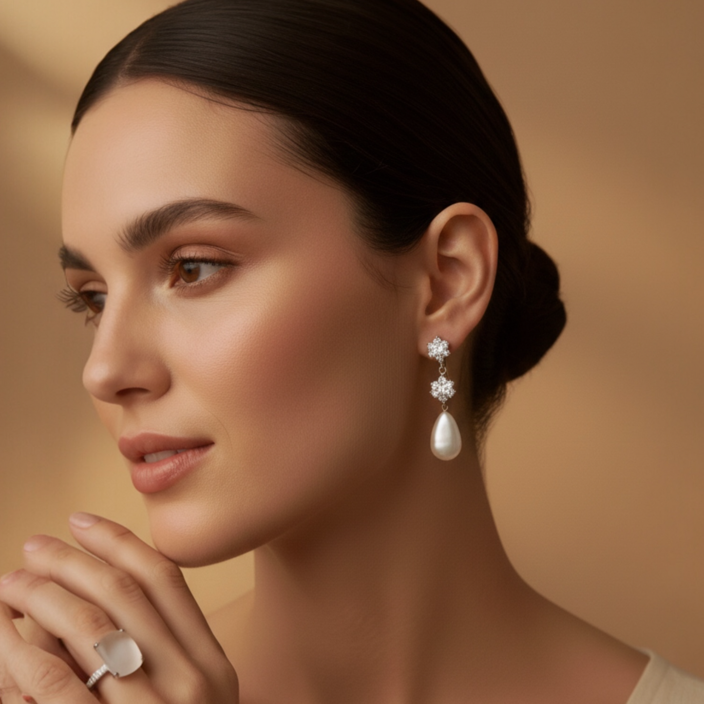 "Sea Mist" 14k White Gold Drop Earrings with Frosted Sea Glass, Pearls & Brilliant Cubic Zirconia