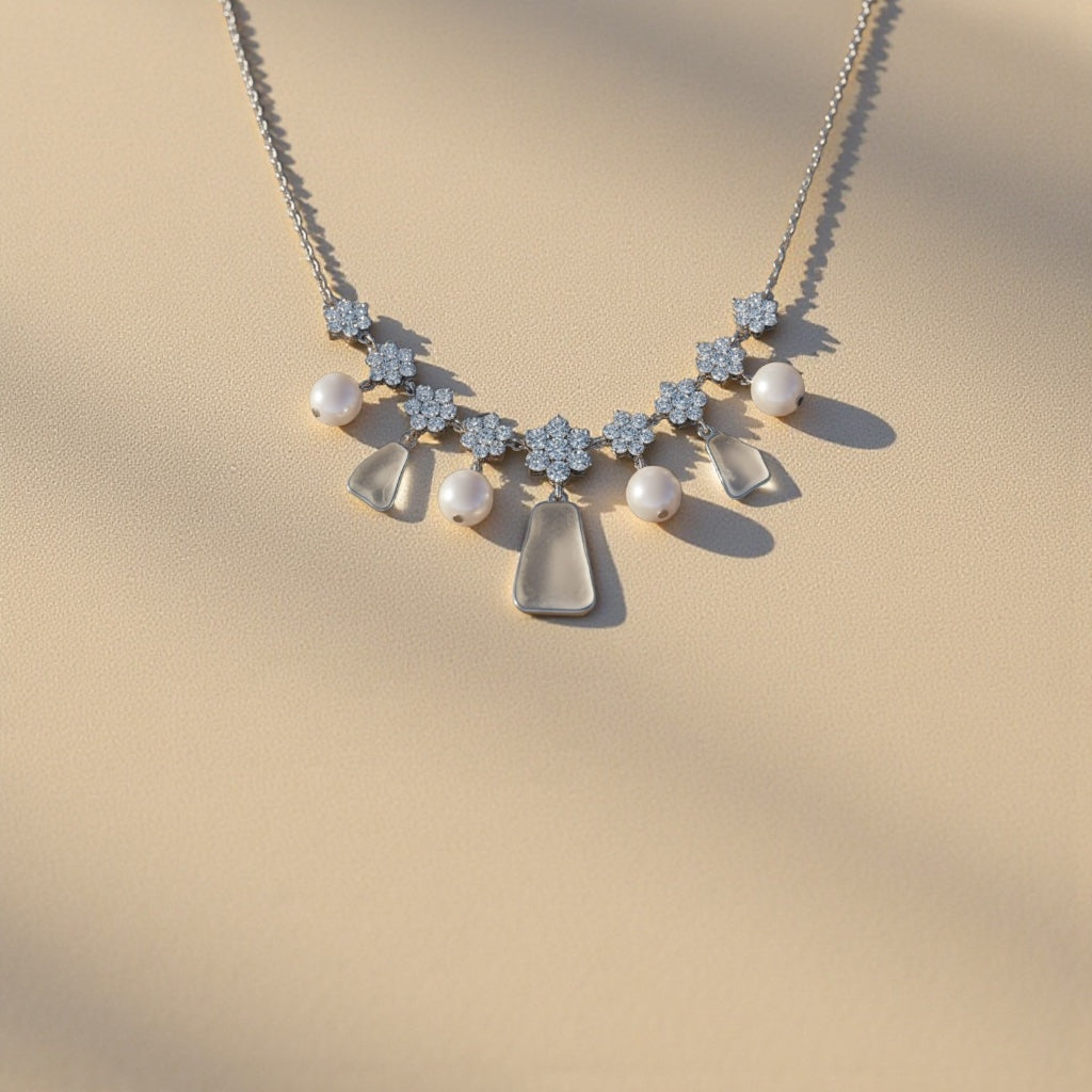 "Ethereal Mist" 14k White Gold Necklace with Frosted Sea Glass, Cultured Pearls & Brilliant Cubic Zirconia