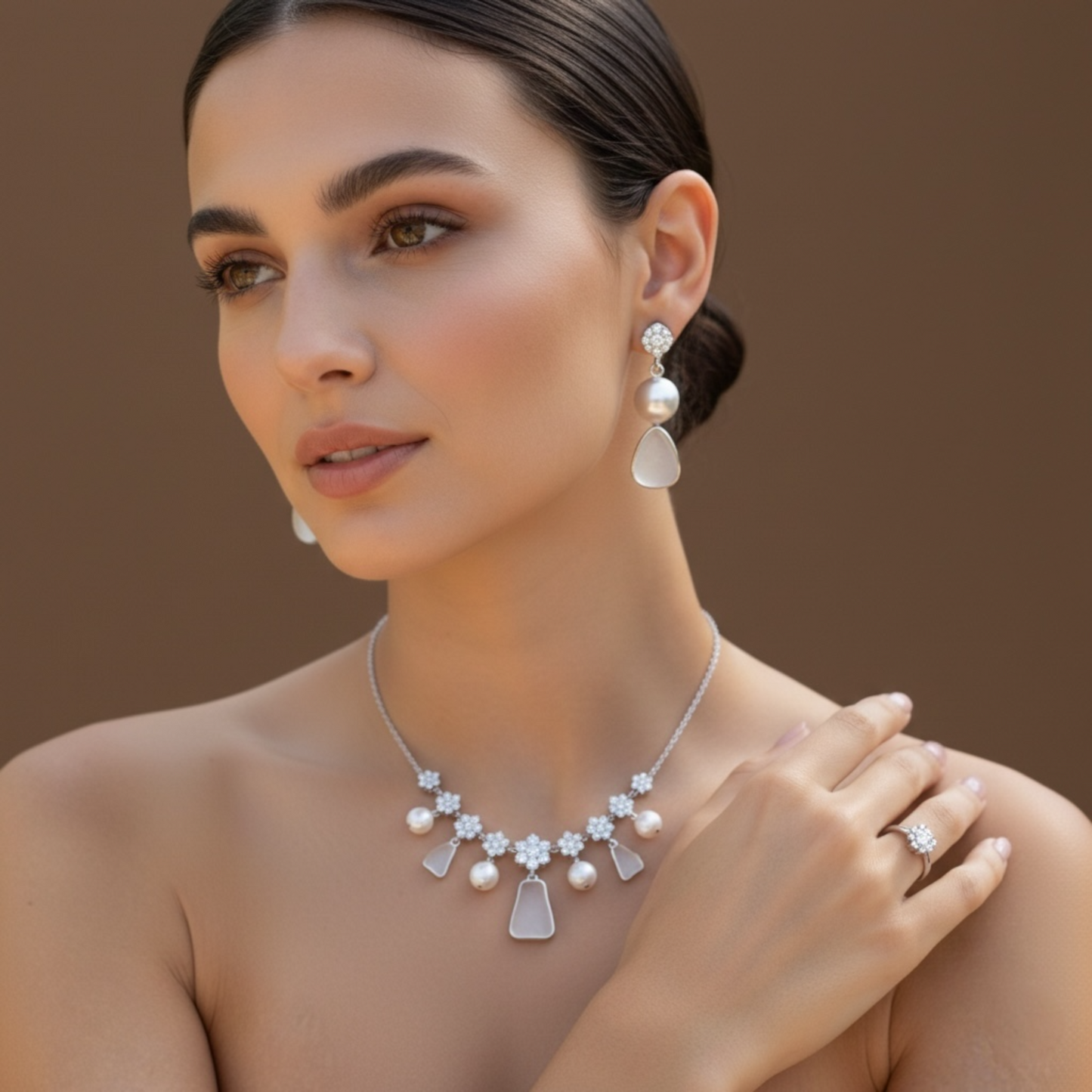 "Ethereal Mist" 14k White Gold Necklace with Frosted Sea Glass, Cultured Pearls & Brilliant Cubic Zirconia