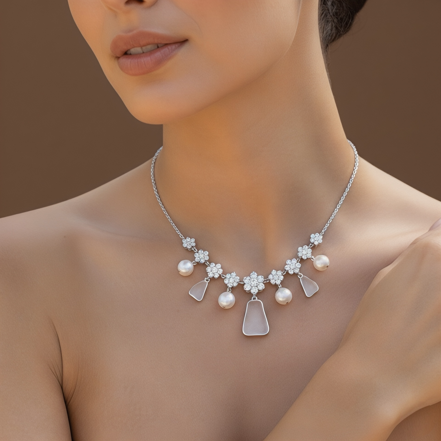 "Ethereal Mist" 14k White Gold Necklace with Frosted Sea Glass, Cultured Pearls & Brilliant Cubic Zirconia