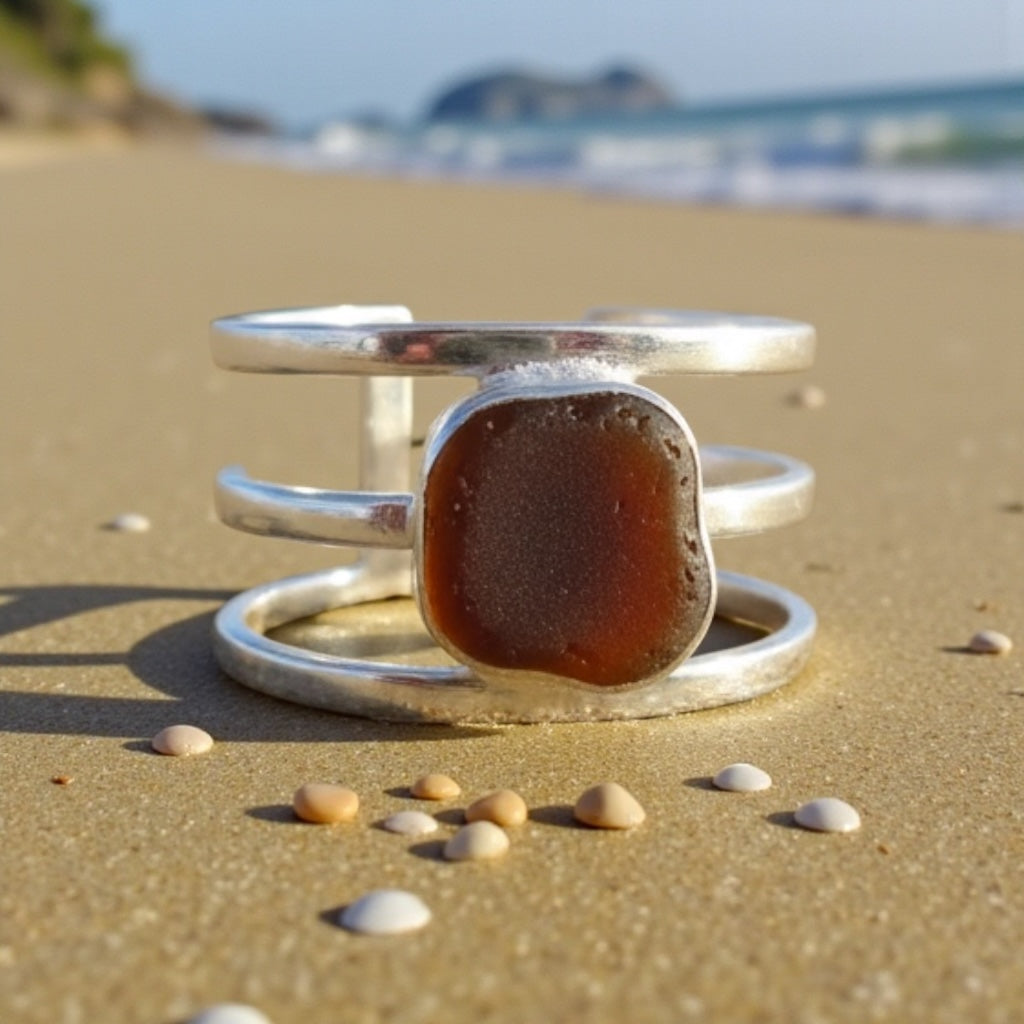 "Terra Tide" Sterling Silver Statement Ring with Rare Brown Sea Glass