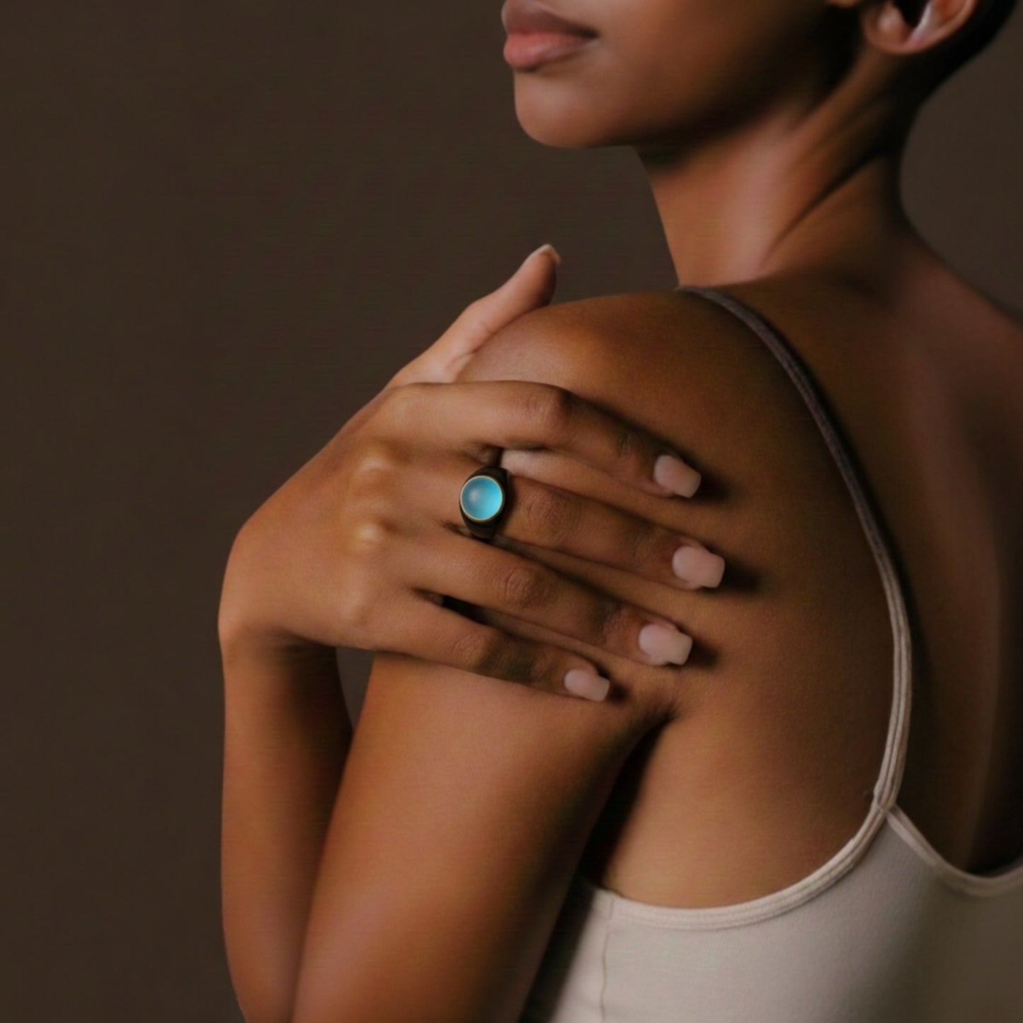 "Azure Nocturne" Hand-Carved Onyx Statement Ring with Cyan Sea Glass & Sterling Silver