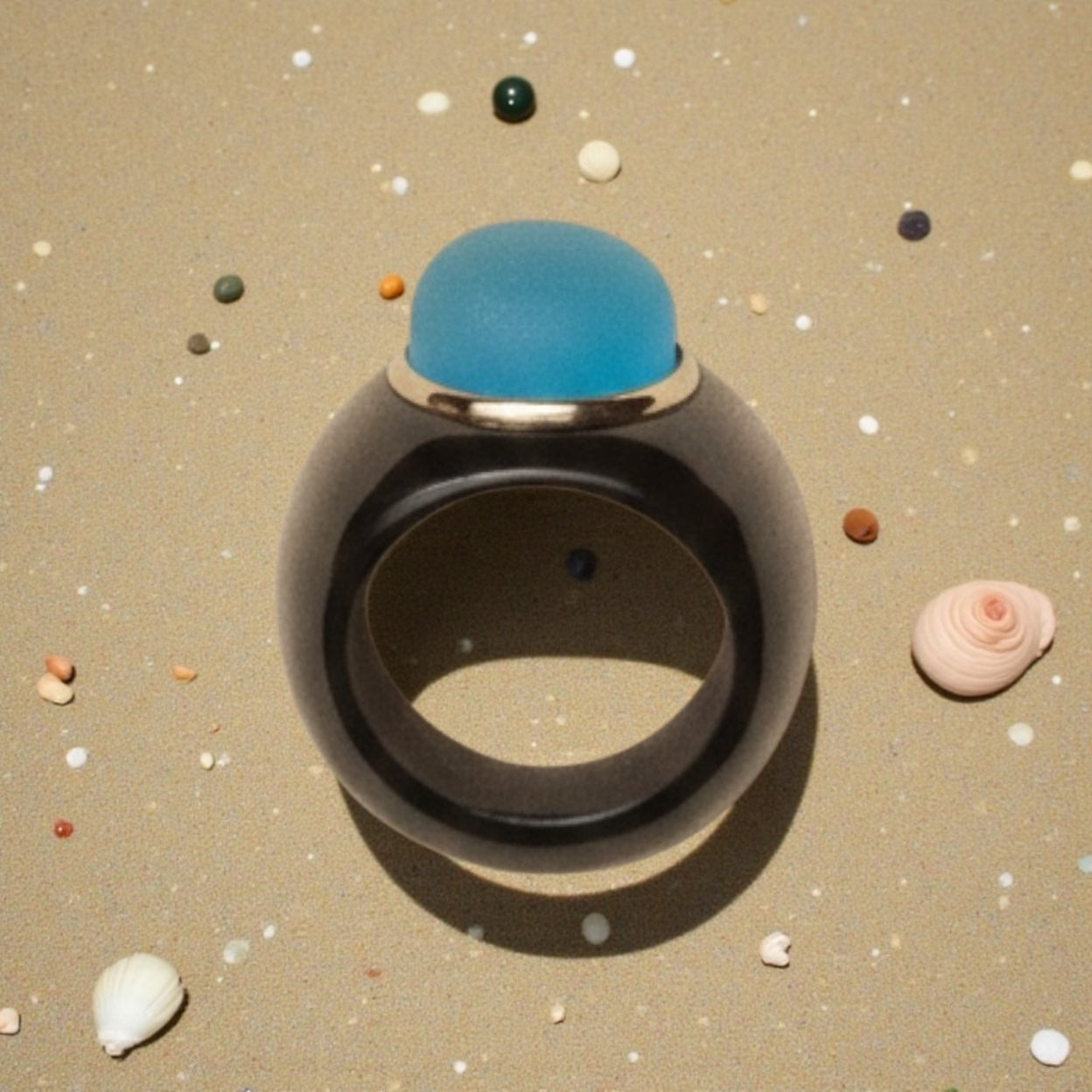 "Azure Nocturne" Hand-Carved Onyx Statement Ring with Cyan Sea Glass & Sterling Silver