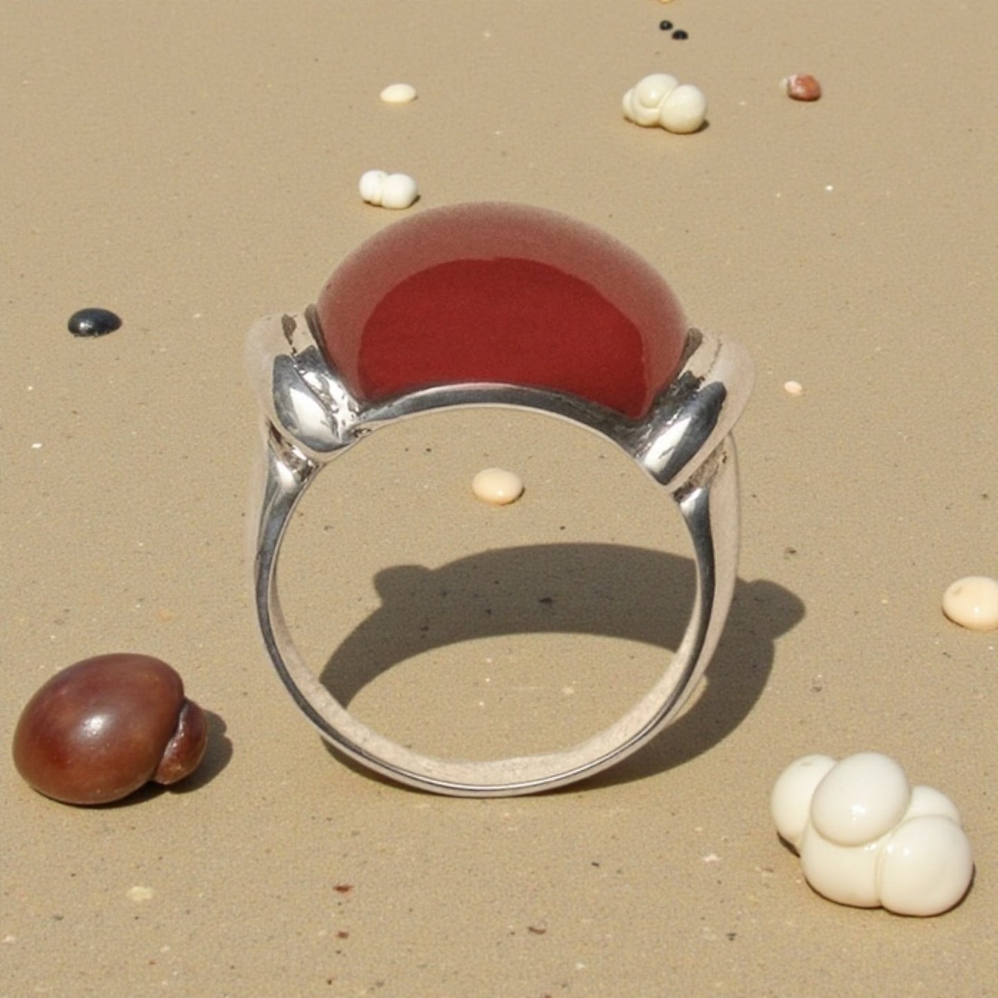 "Crimson Current" Sculptural Sterling Silver Ring with Rare Red Sea Glass